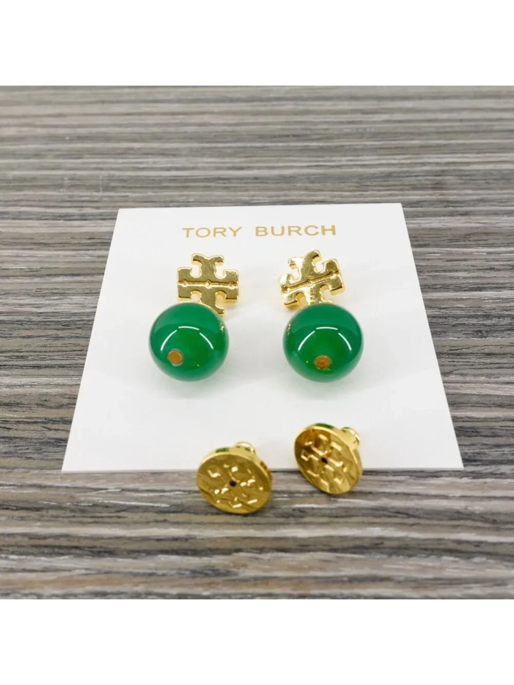 Tory Burch Faux Pearl Logo Drop Earrings Gold & Green OS